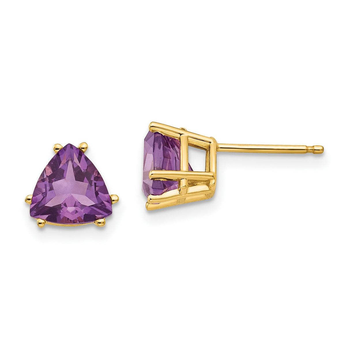 14k Yellow Gold Stud Earrings with Trillion Cut Amethyst, Minimalist Classic Design for Women