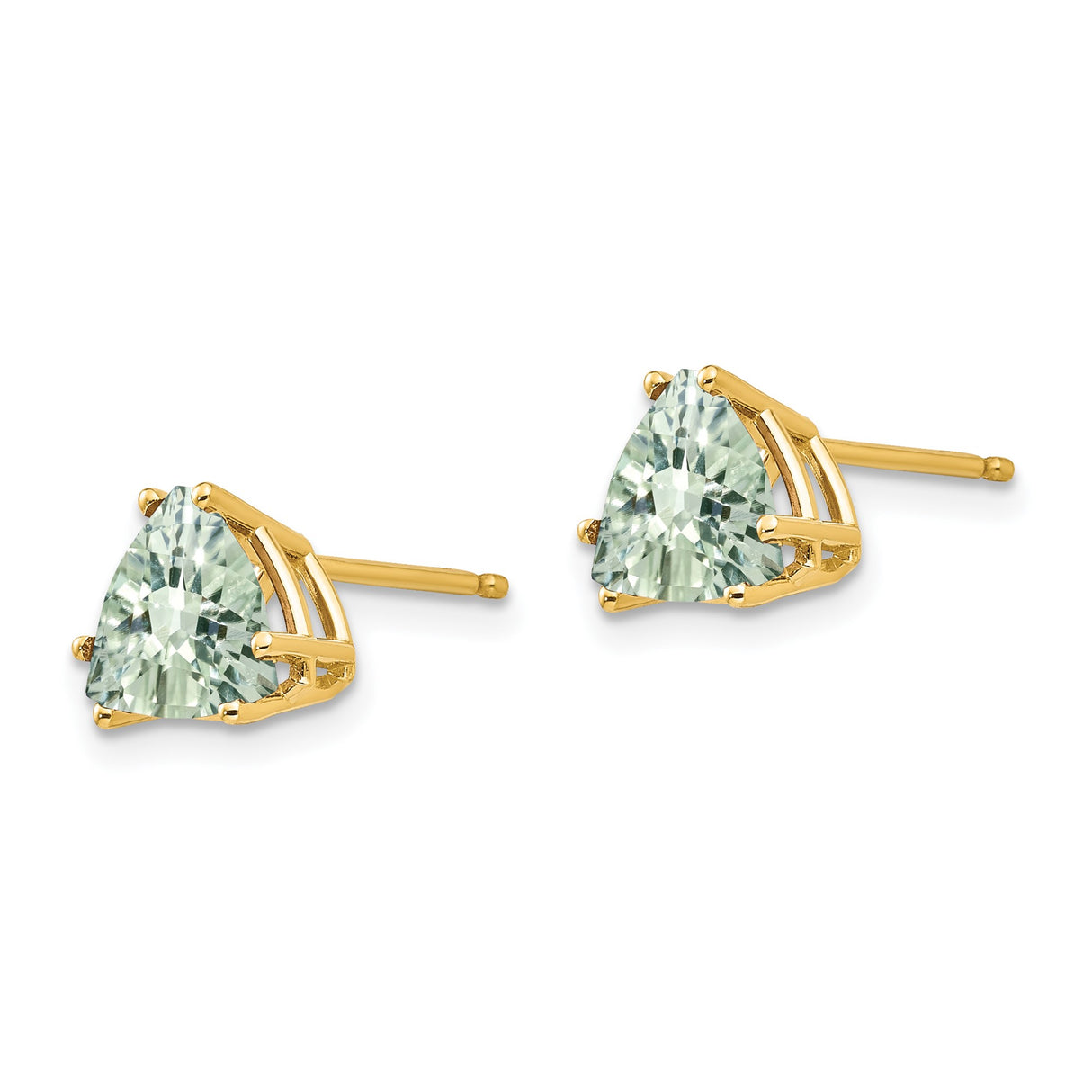 14k Yellow Gold Trillion Cut Light Green Quartz Stud Earrings, Minimalist Checker Cut