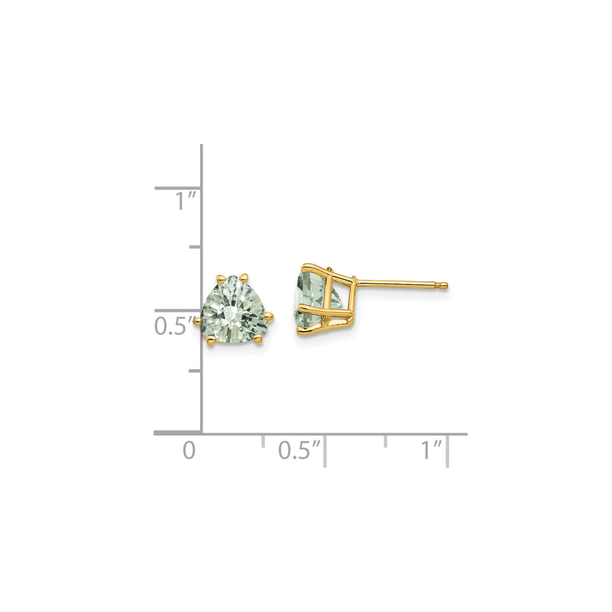 14k Yellow Gold Trillion Cut Light Green Quartz Stud Earrings, Minimalist Checker Cut