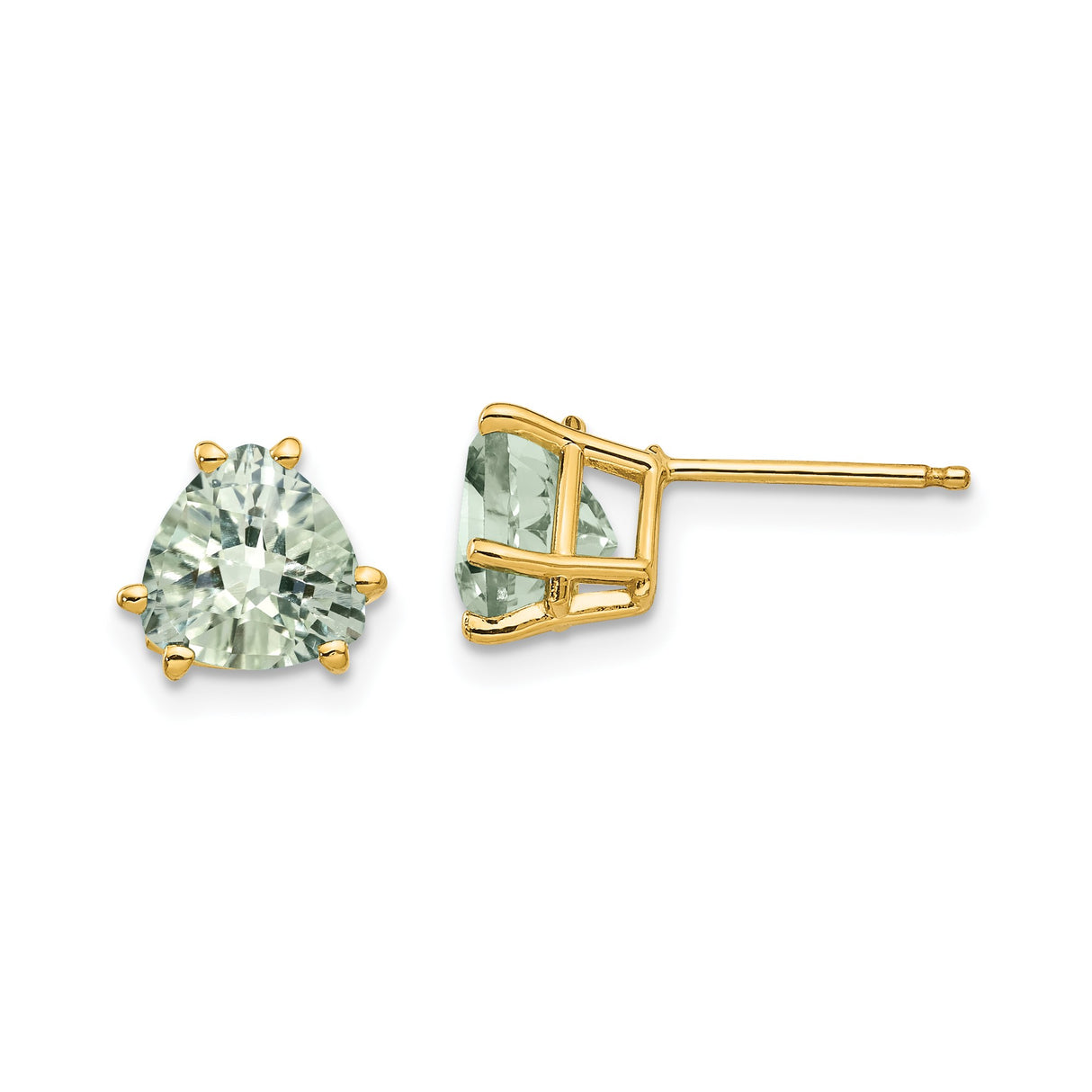 14k Yellow Gold Trillion Cut Light Green Quartz Stud Earrings, Minimalist Checker Cut