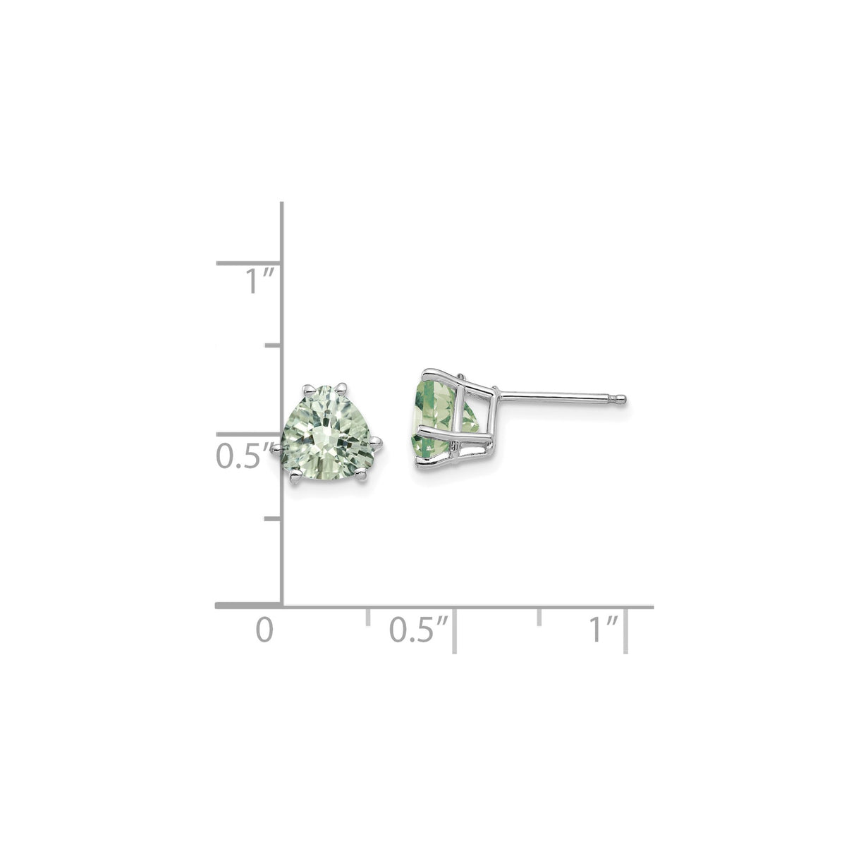 14k White Gold Triangle Stud Earrings with Trillion Cut Green Quartz, Minimalist Modern Design