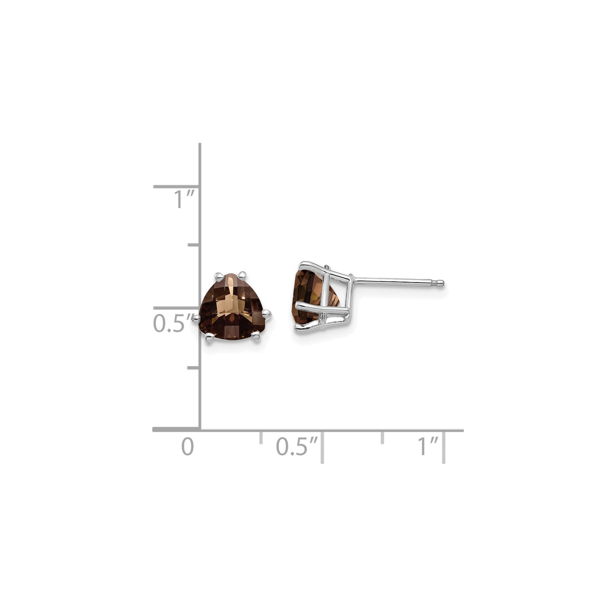 14k White Gold Stud Earrings with Trillion Cut Smoky Quartz, Modern Minimalist Style