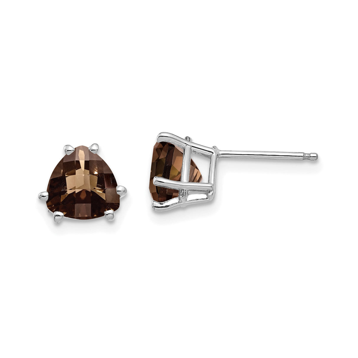 14k White Gold Stud Earrings with Trillion Cut Smoky Quartz, Modern Minimalist Style