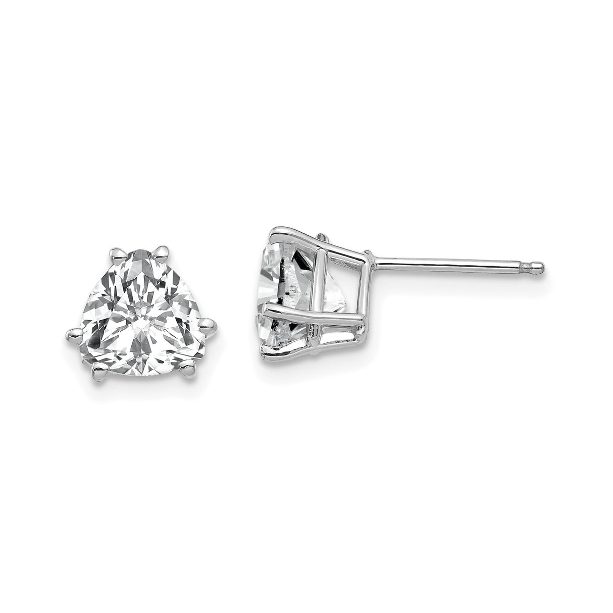 14k White Gold Stud Earrings with Trilliant Cut Cubic Zirconia in Prong Setting