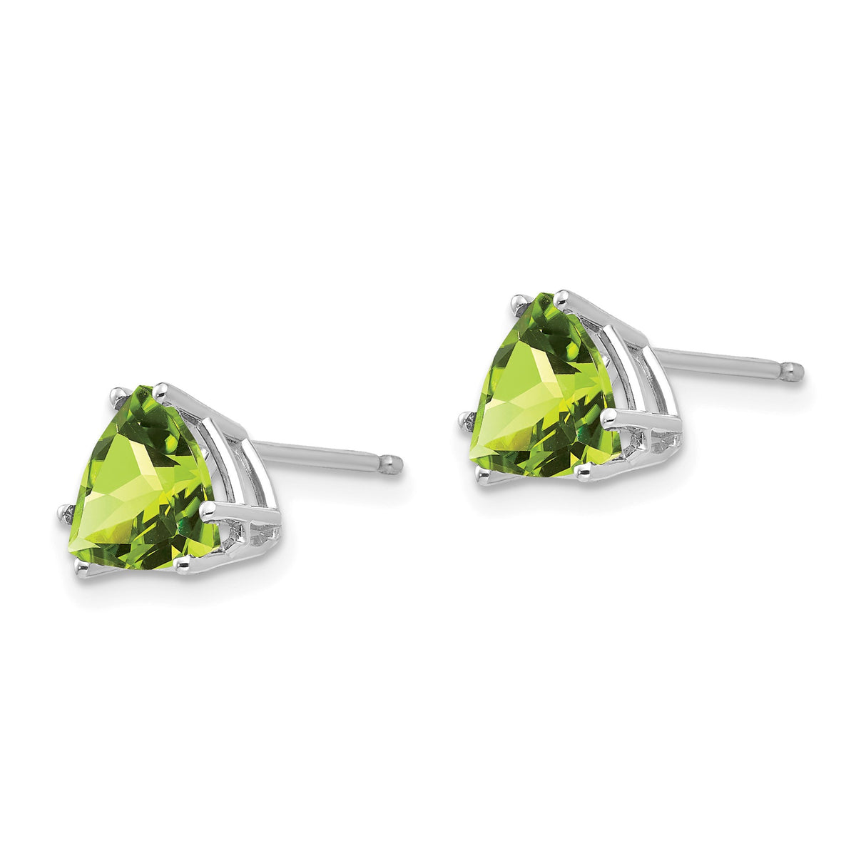 14k White Gold Stud Earrings with Trillion Cut Peridot, Modern Minimalist Style for Women