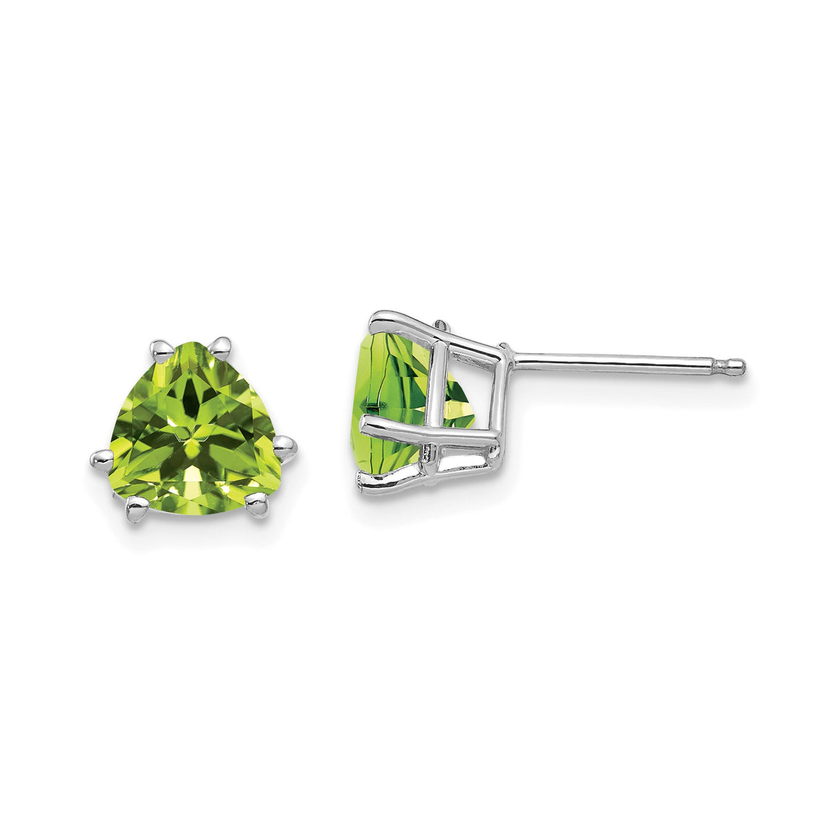 14k White Gold Stud Earrings with Trillion Cut Peridot, Modern Minimalist Style for Women