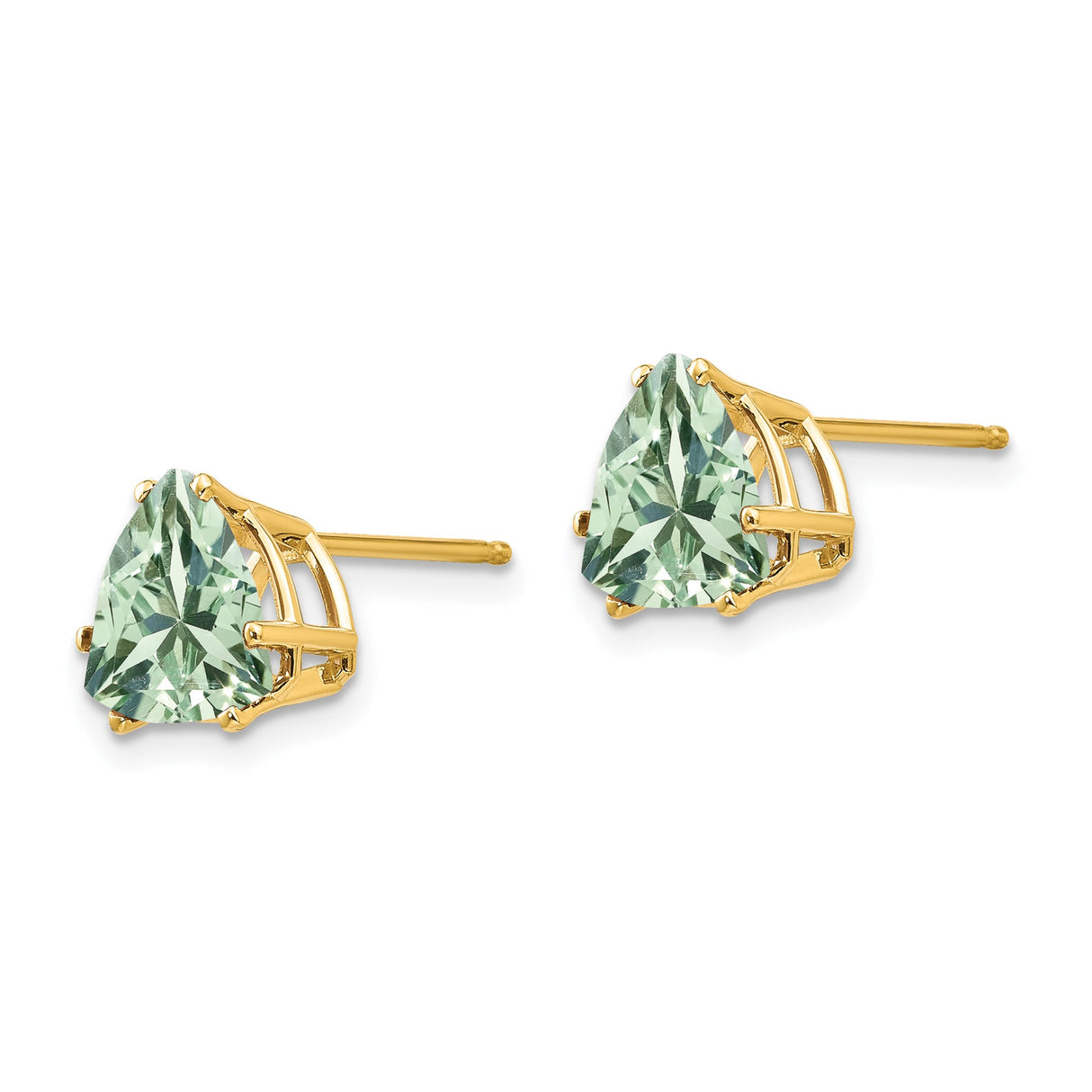 14k Yellow Gold Trillion Cut Green Quartz Stud Earrings, Minimalist Fine Jewelry for Women