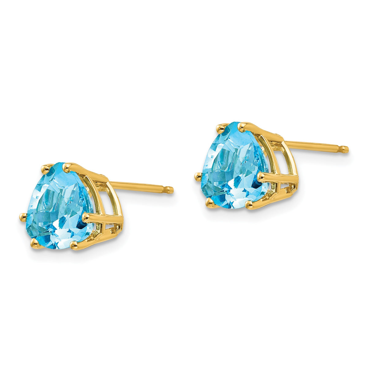 14k Yellow Gold Stud Earrings with Trillion Cut Swiss Blue Topaz, Triangle Minimalist Design