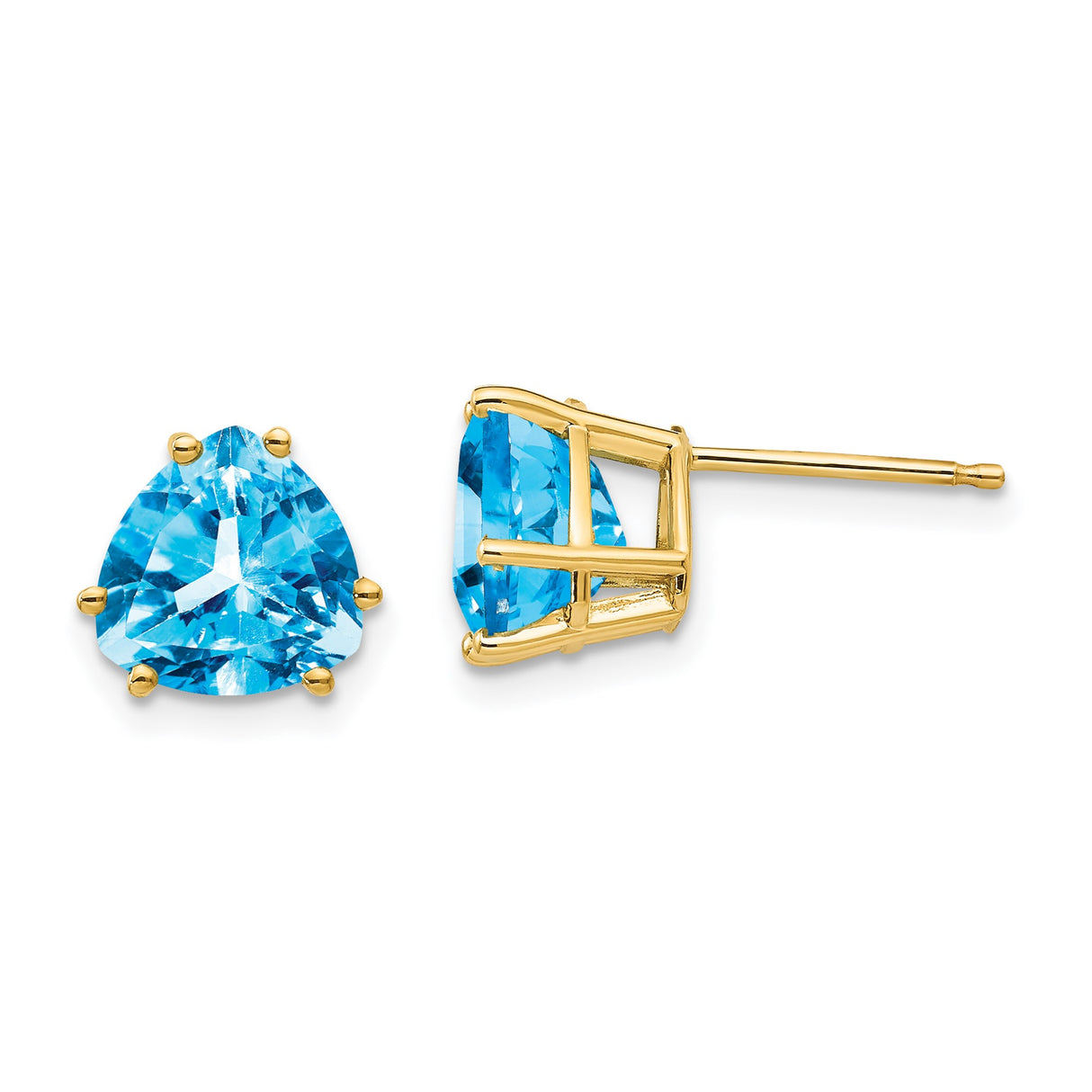 14k Yellow Gold Stud Earrings with Trillion Cut Swiss Blue Topaz, Triangle Minimalist Design