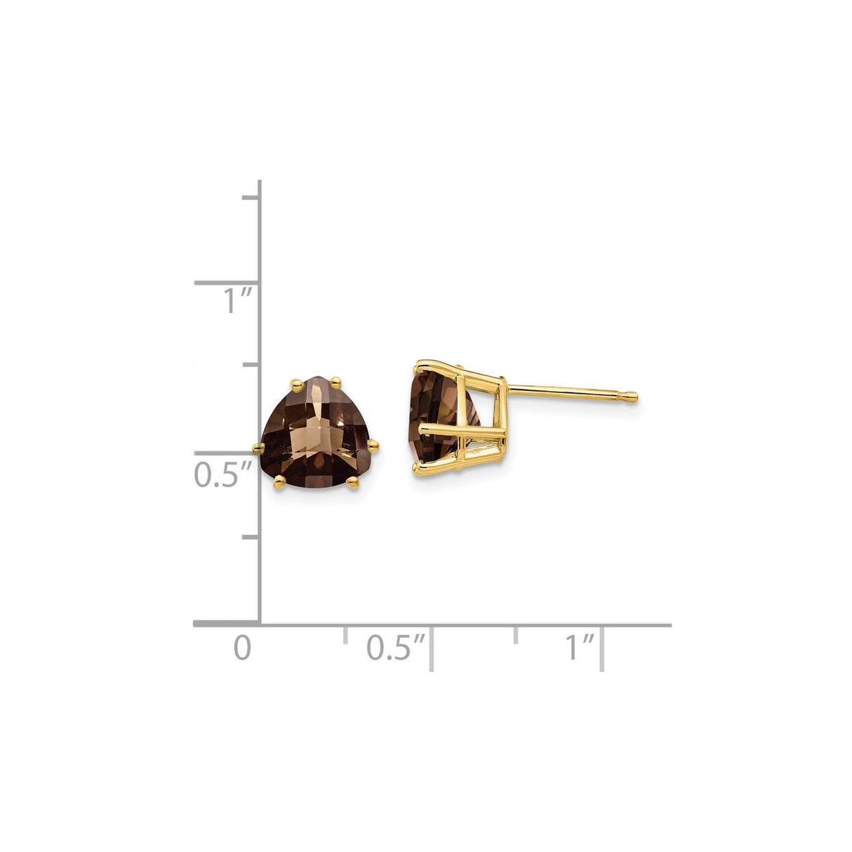 14k Yellow Gold Stud Earrings with Trillion Cut Smoky Quartz, Classic Prong Setting for Women