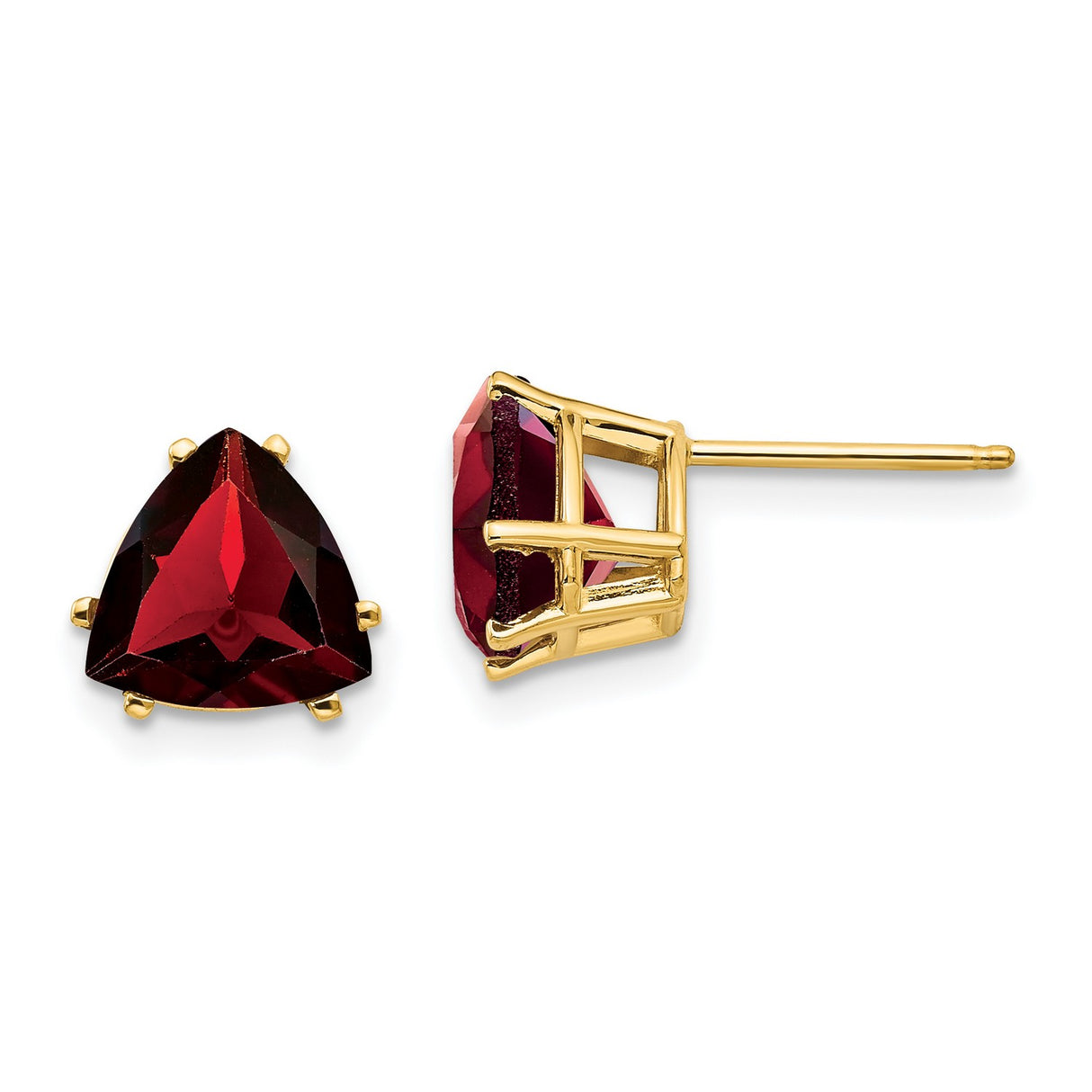 14k Yellow Gold Garnet Stud Earrings, Triangle Cut Minimalist Design, January Birthstone