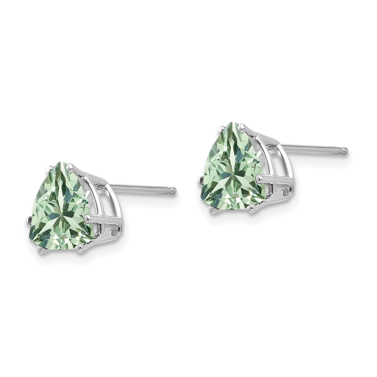14k White Gold Stud Earrings with Trillion Cut Light Green Quartz, Triangle Prong Setting