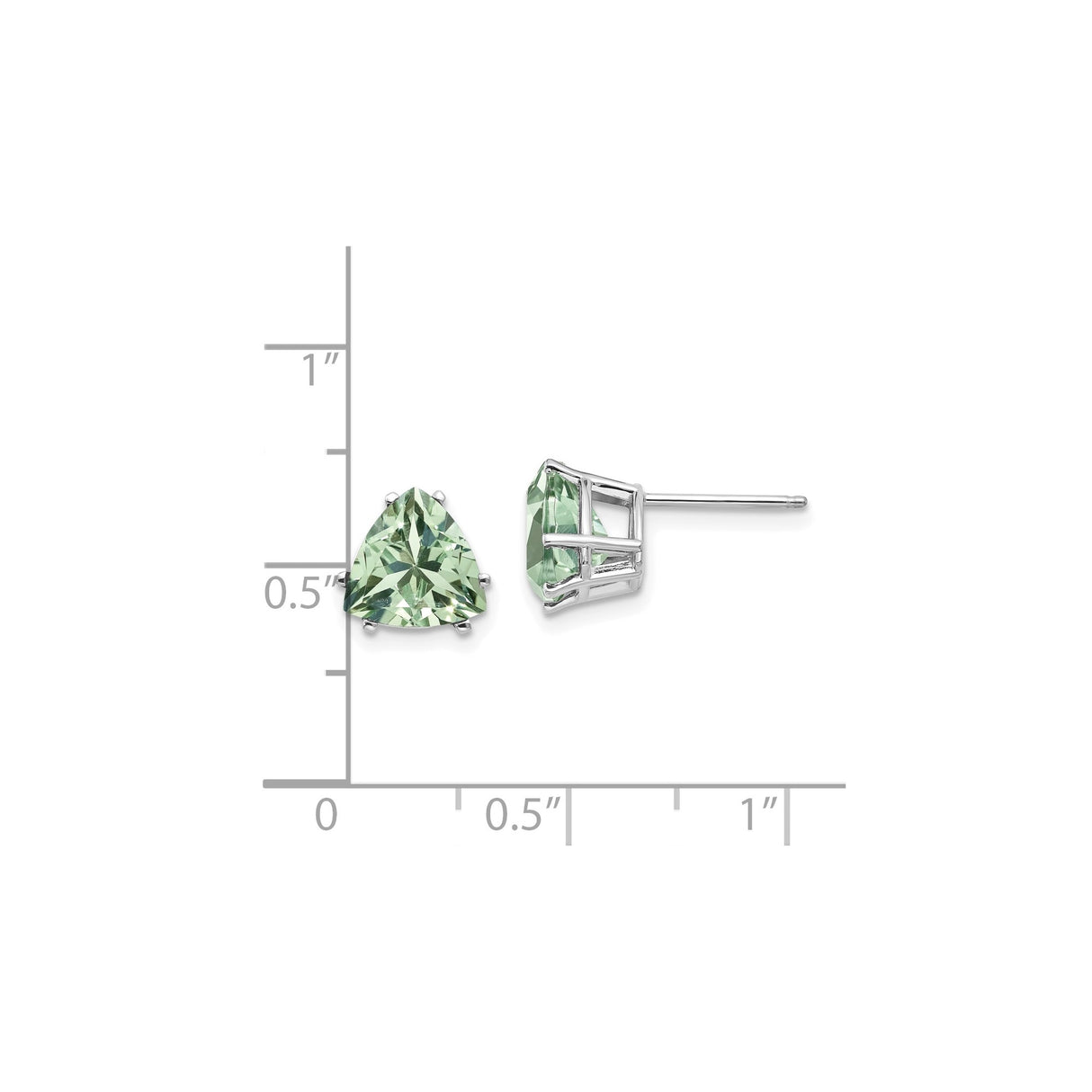 14k White Gold Stud Earrings with Trillion Cut Light Green Quartz, Triangle Prong Setting