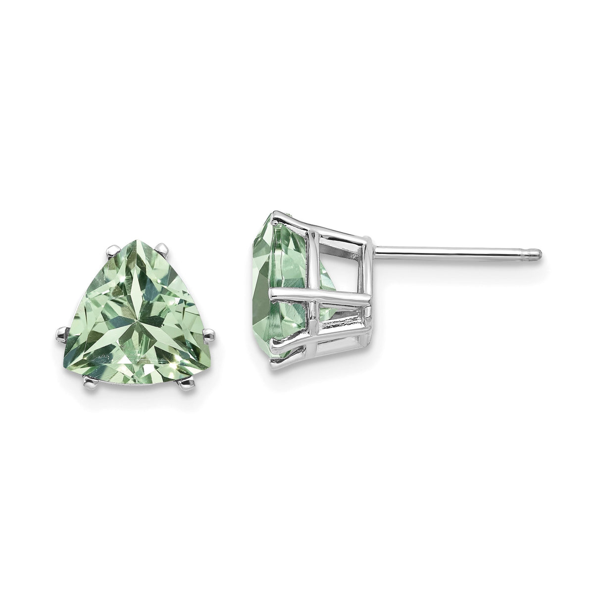 14k White Gold Stud Earrings with Trillion Cut Light Green Quartz, Triangle Prong Setting