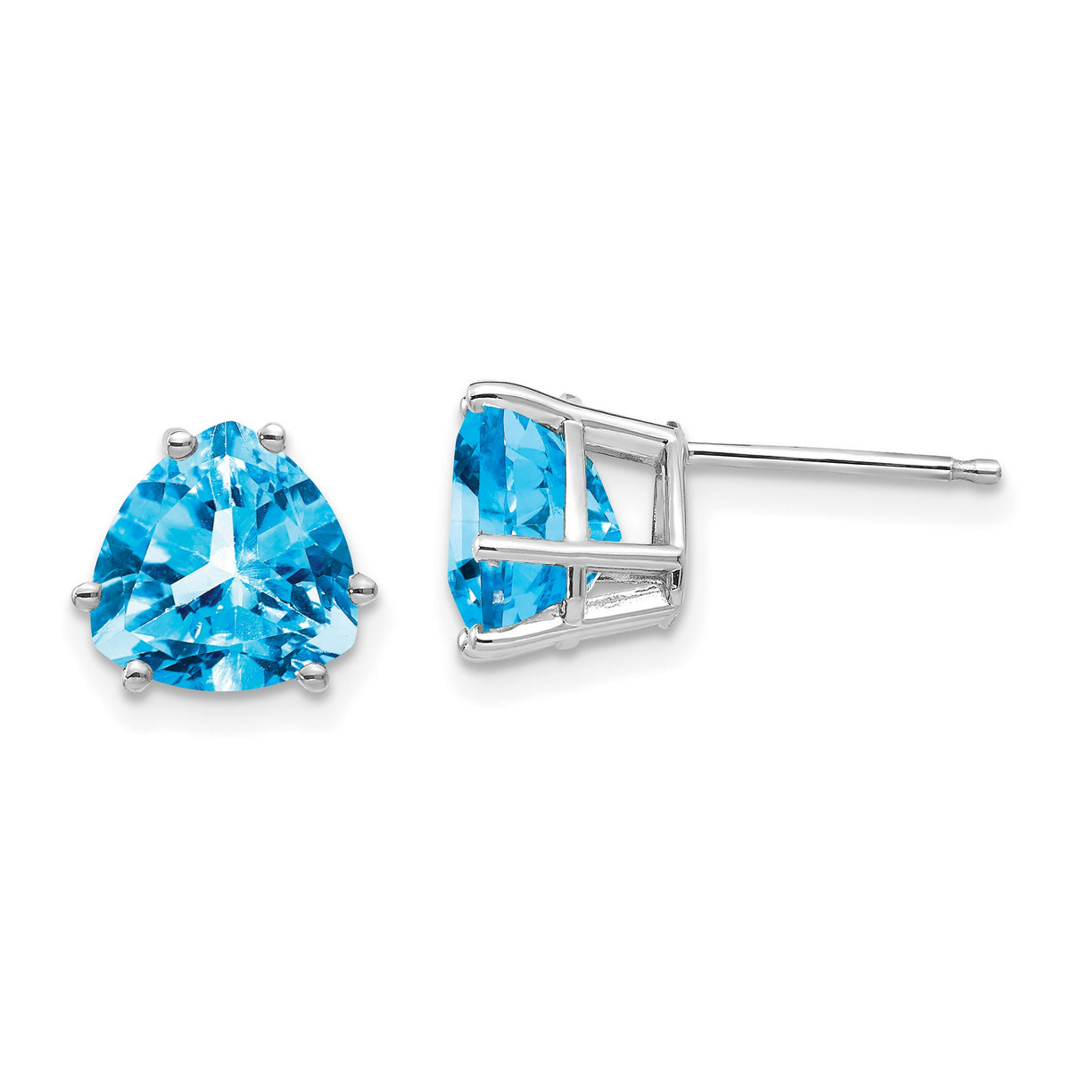 14k White Gold Stud Earrings with Trillion Cut Swiss Blue Topaz, Minimalist Modern Style
