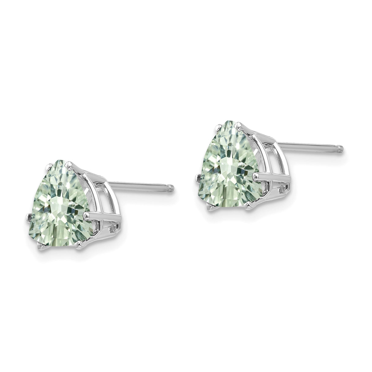 14k White Gold Trilliant Cut Green Amethyst Stud Earrings, Minimalist Gemstone Style