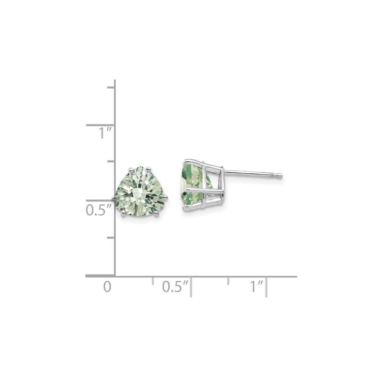 14k White Gold Trilliant Cut Green Amethyst Stud Earrings, Minimalist Gemstone Style