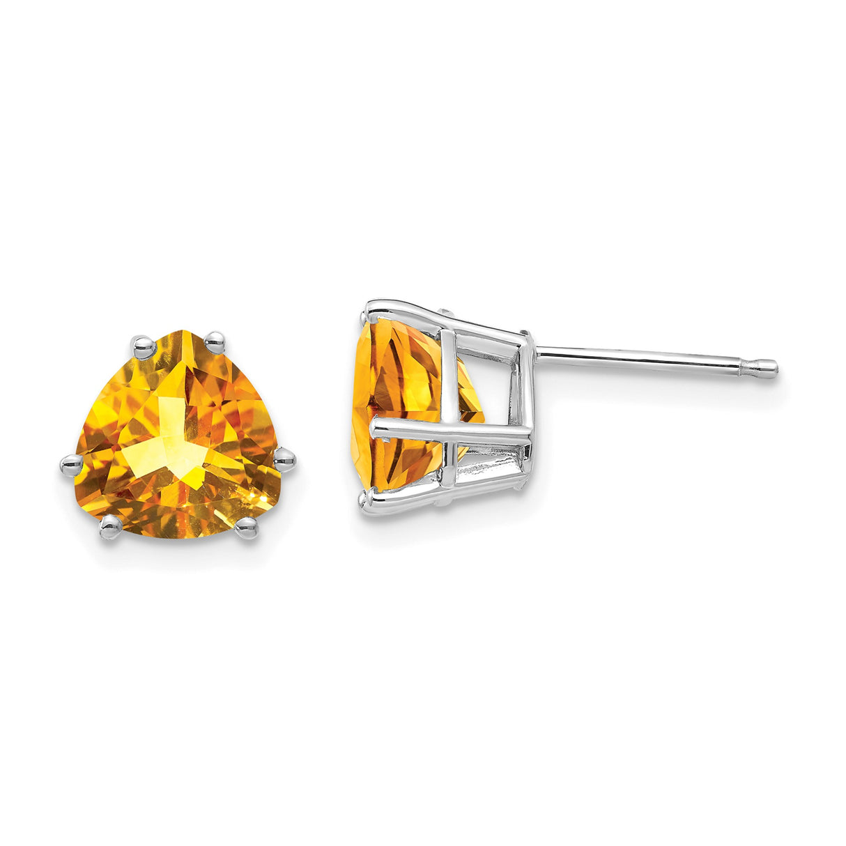 14k White Gold Trillion Cut Citrine Stud Earrings, Triangle Minimalist Style for Women