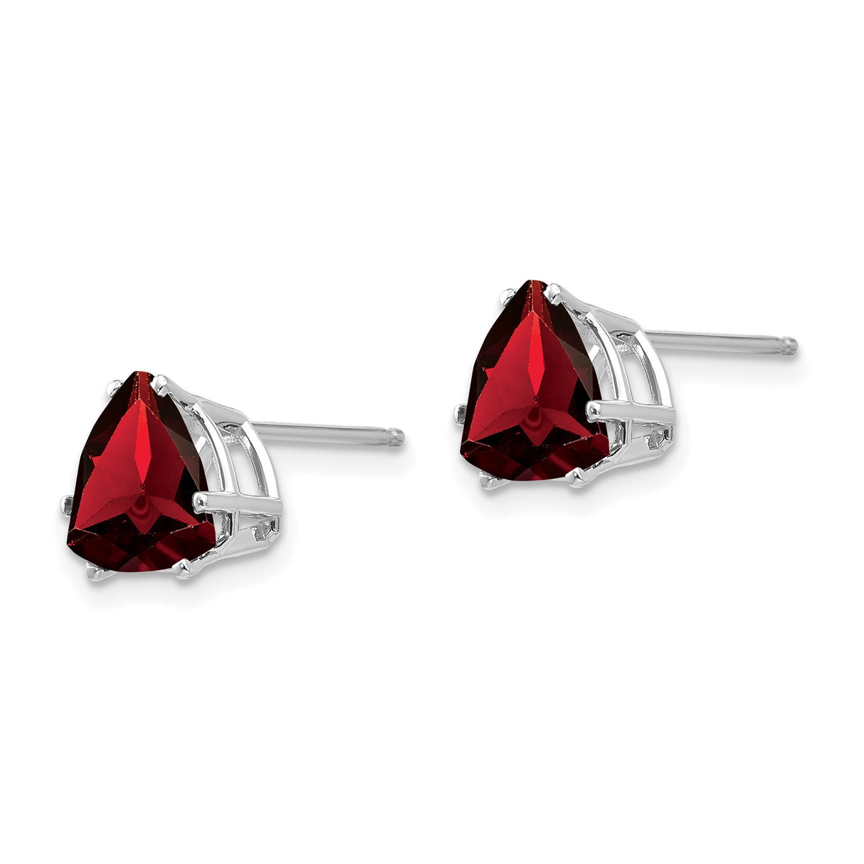 14k White Gold Garnet Stud Earrings, Trillion Cut Deep Red Gemstone for Women