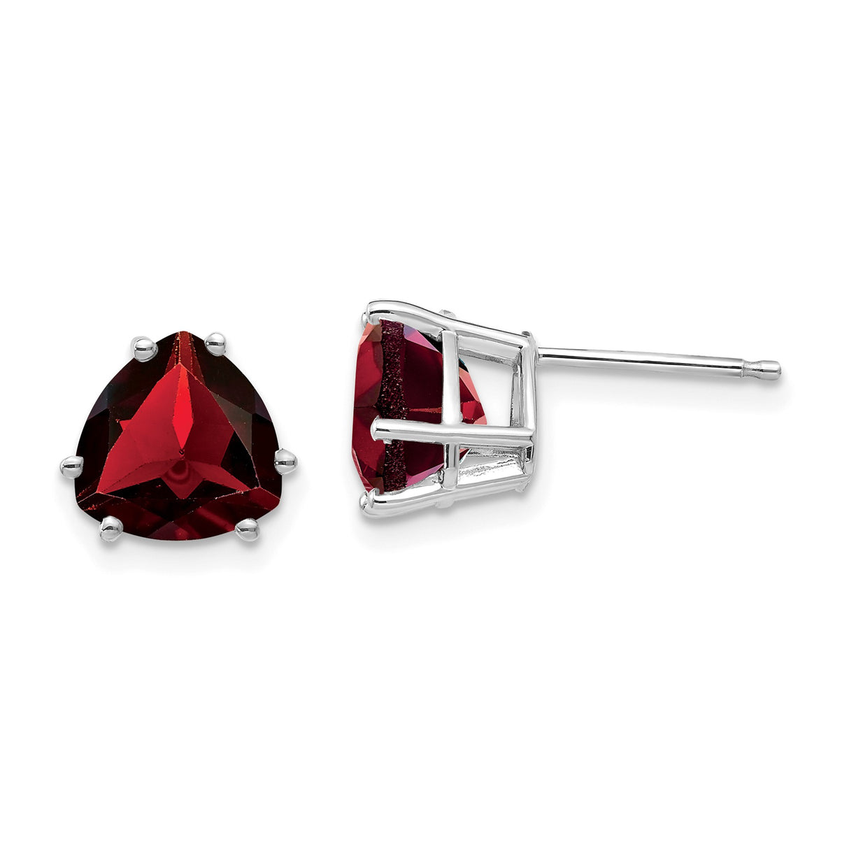 14k White Gold Garnet Stud Earrings, Trillion Cut Deep Red Gemstone for Women