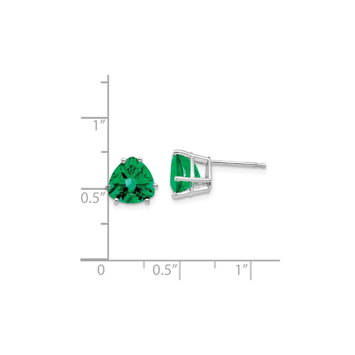 14k White Gold Stud Earrings with Trillion Cut Green Helenite, Prong Setting, Modern Design