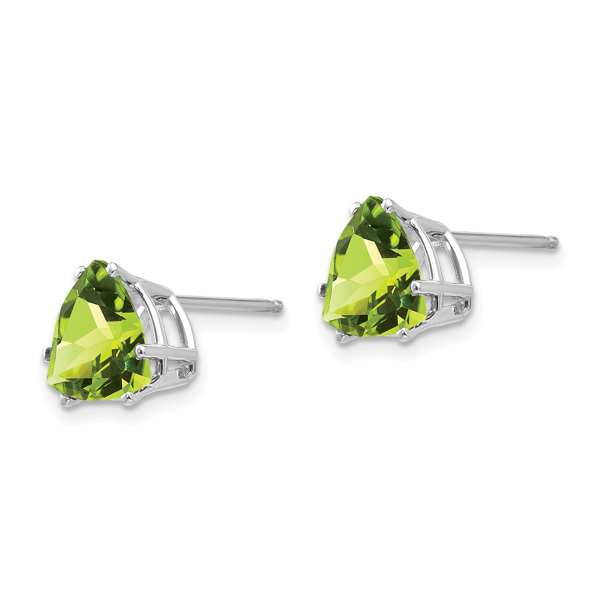 14k White Gold Peridot Stud Earrings, Trillion Cut, Modern Minimalist Design for Women