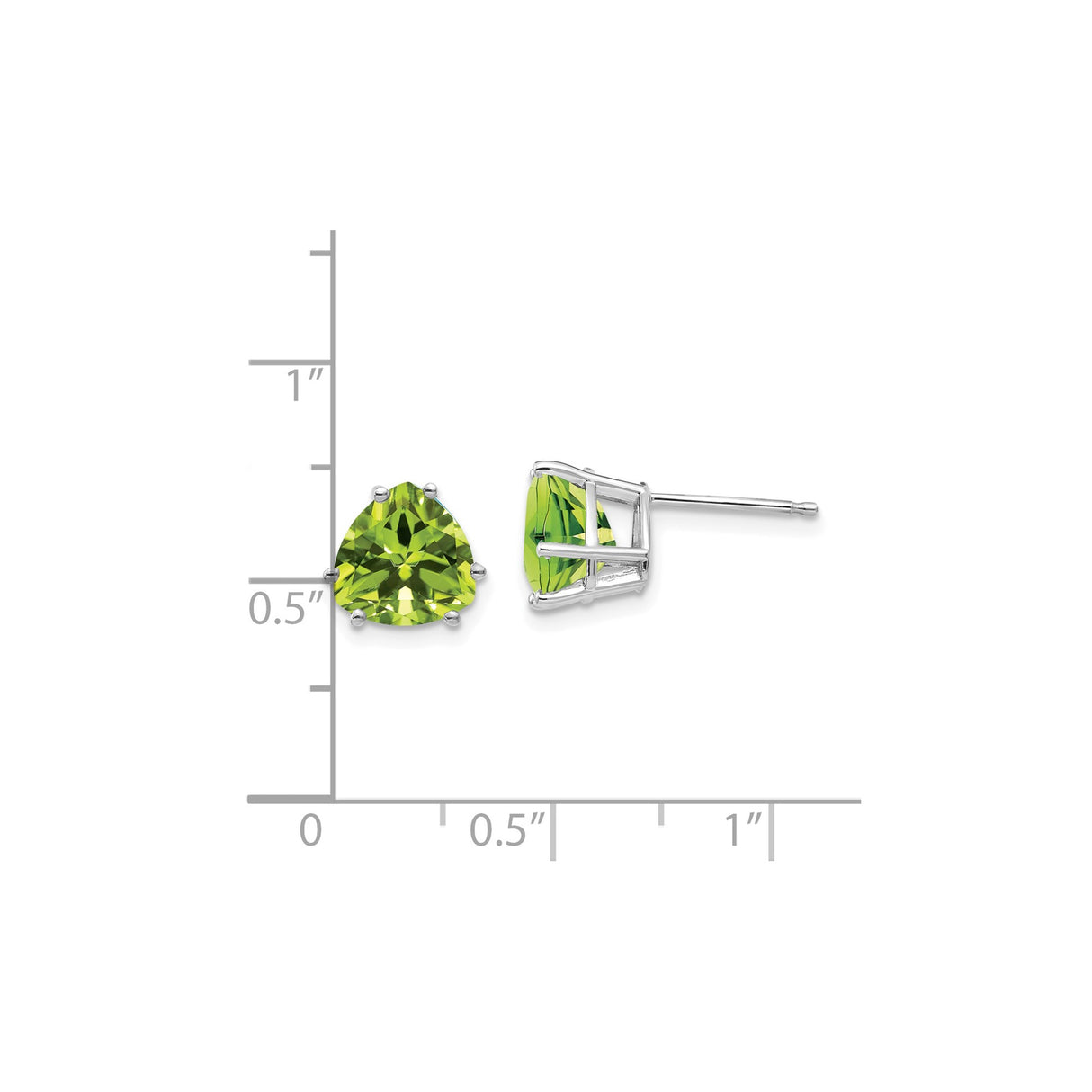 14k White Gold Peridot Stud Earrings, Trillion Cut, Modern Minimalist Design for Women