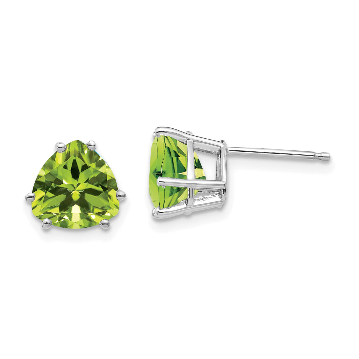 14k White Gold Peridot Stud Earrings, Trillion Cut, Modern Minimalist Design for Women