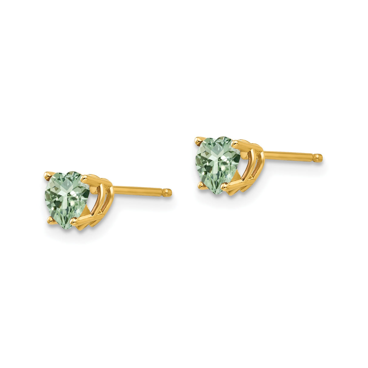 14k Yellow Gold Heart Stud Earrings with Green Quartz, Dainty Romantic Style for Women