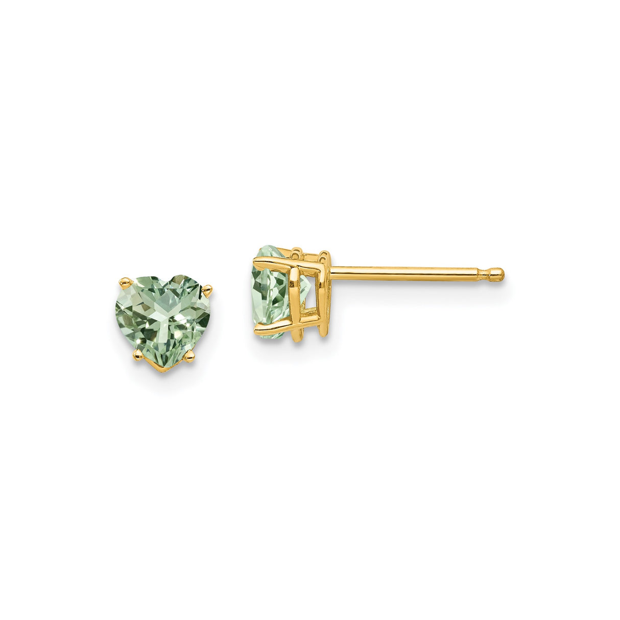 14k Yellow Gold Heart Stud Earrings with Green Quartz, Dainty Romantic Style for Women