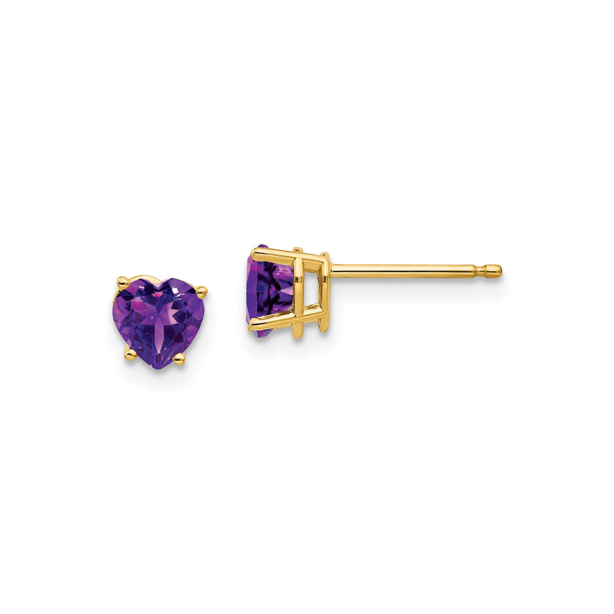 14k Yellow Gold Heart Stud Earrings with Amethyst, Romantic Jewelry for Women