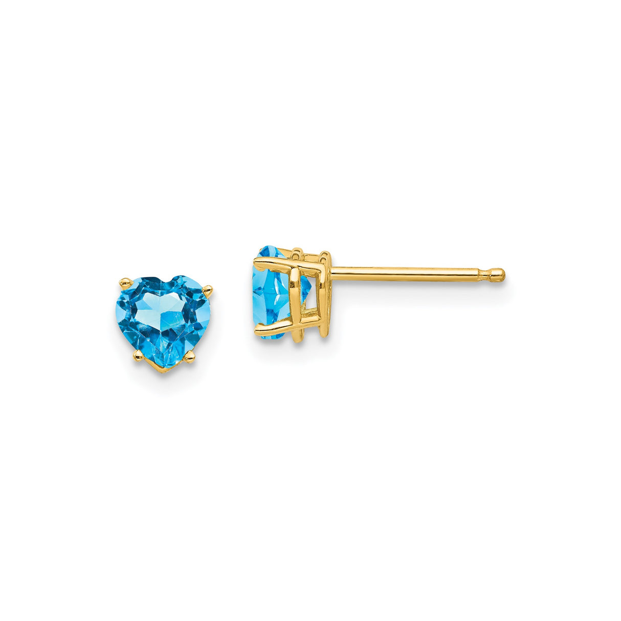 14k Yellow Gold Heart Stud Earrings with Swiss Blue Topaz Prong Setting