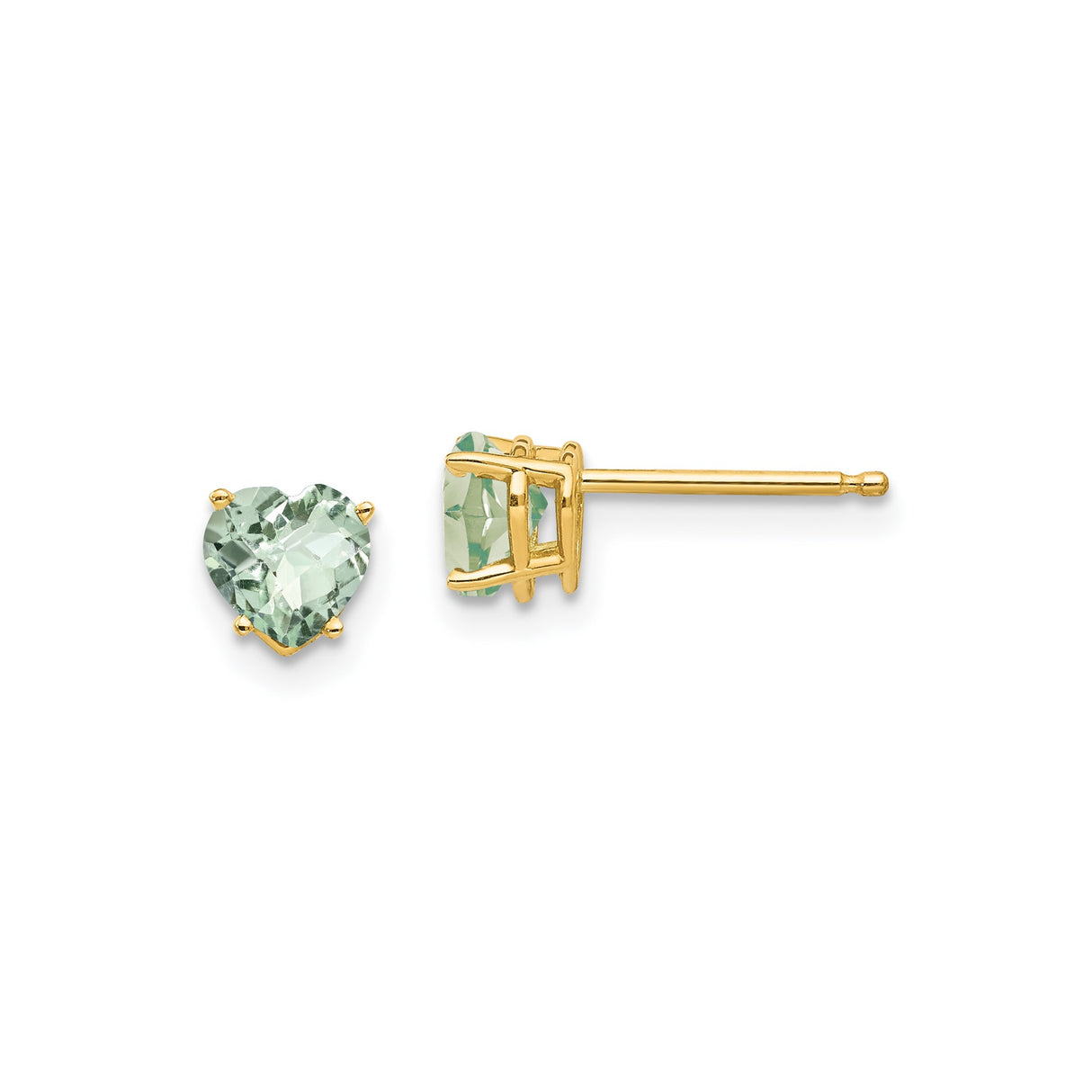 14k Yellow Gold Heart Stud Earrings with Light Green Quartz, Dainty Romantic Jewelry