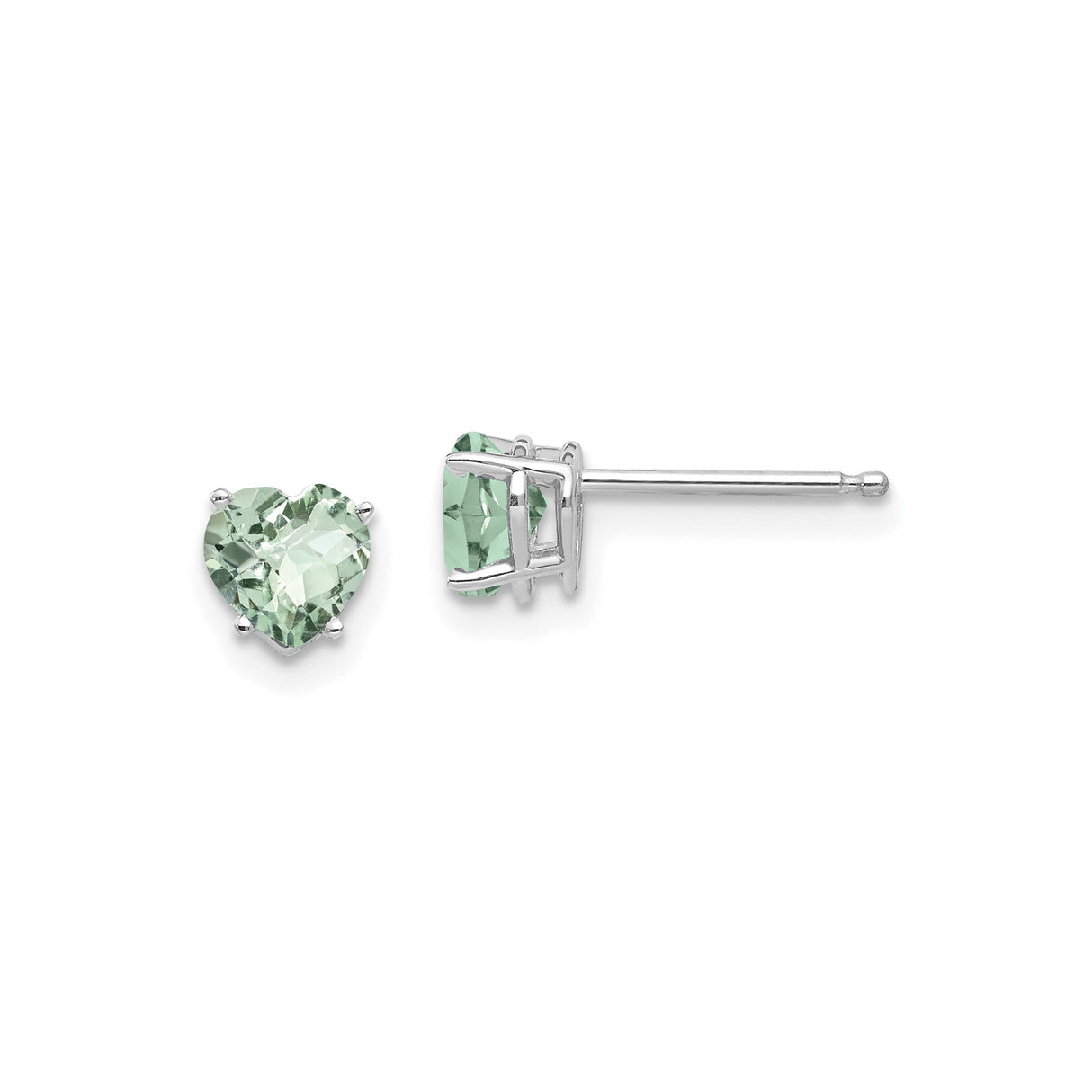 14k White Gold Heart Shaped Green Quartz Stud Earrings, Checker Cut Design