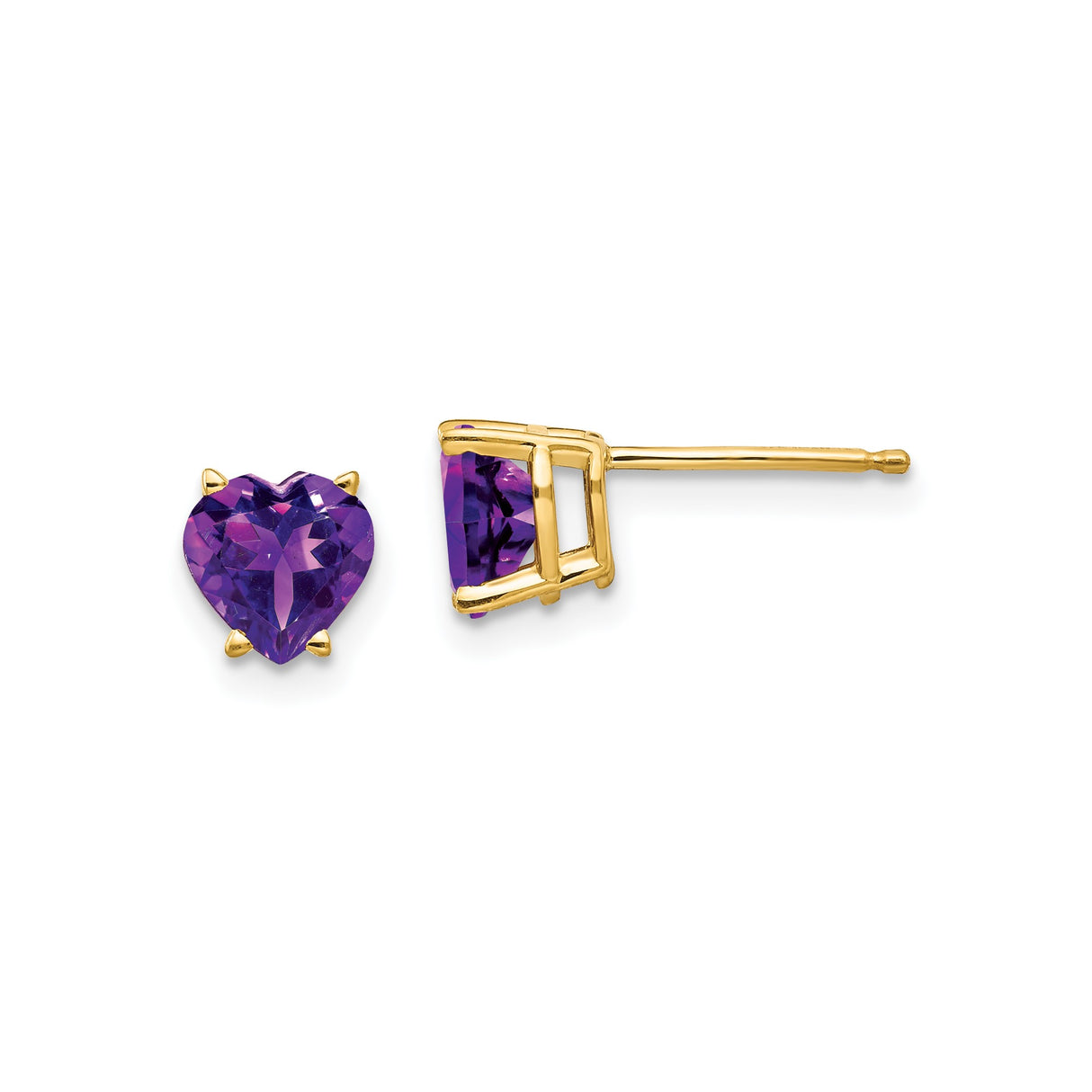 14k Yellow Gold Heart Stud Earrings with Amethyst Gemstone for Women