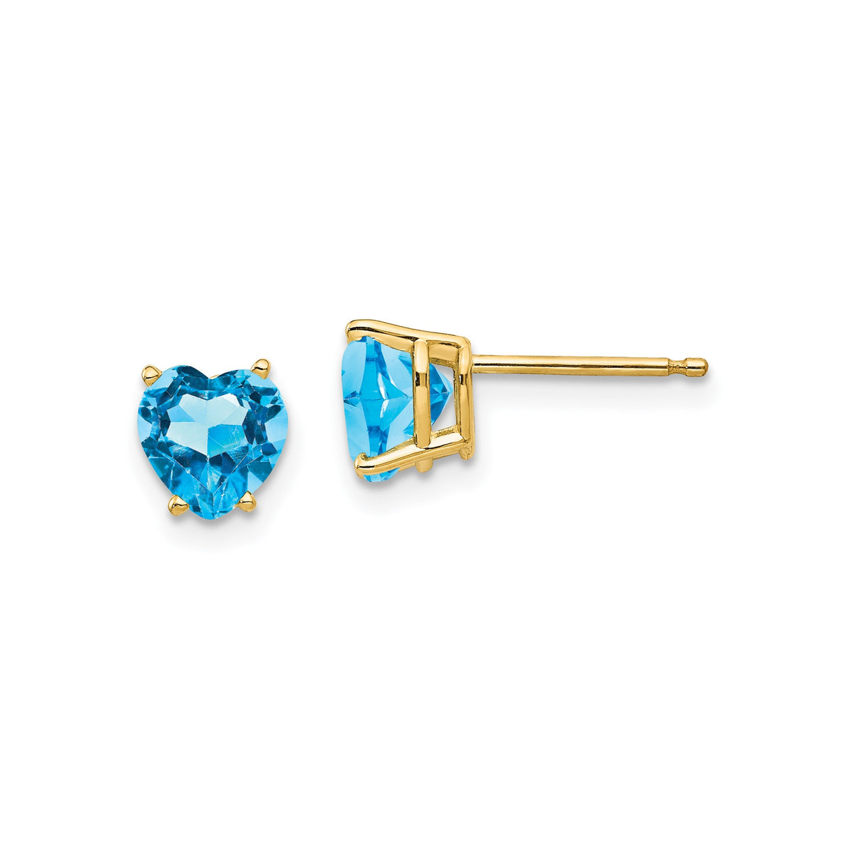 14k Yellow Gold Heart Stud Earrings with Swiss Blue Topaz, Romantic Design for Women