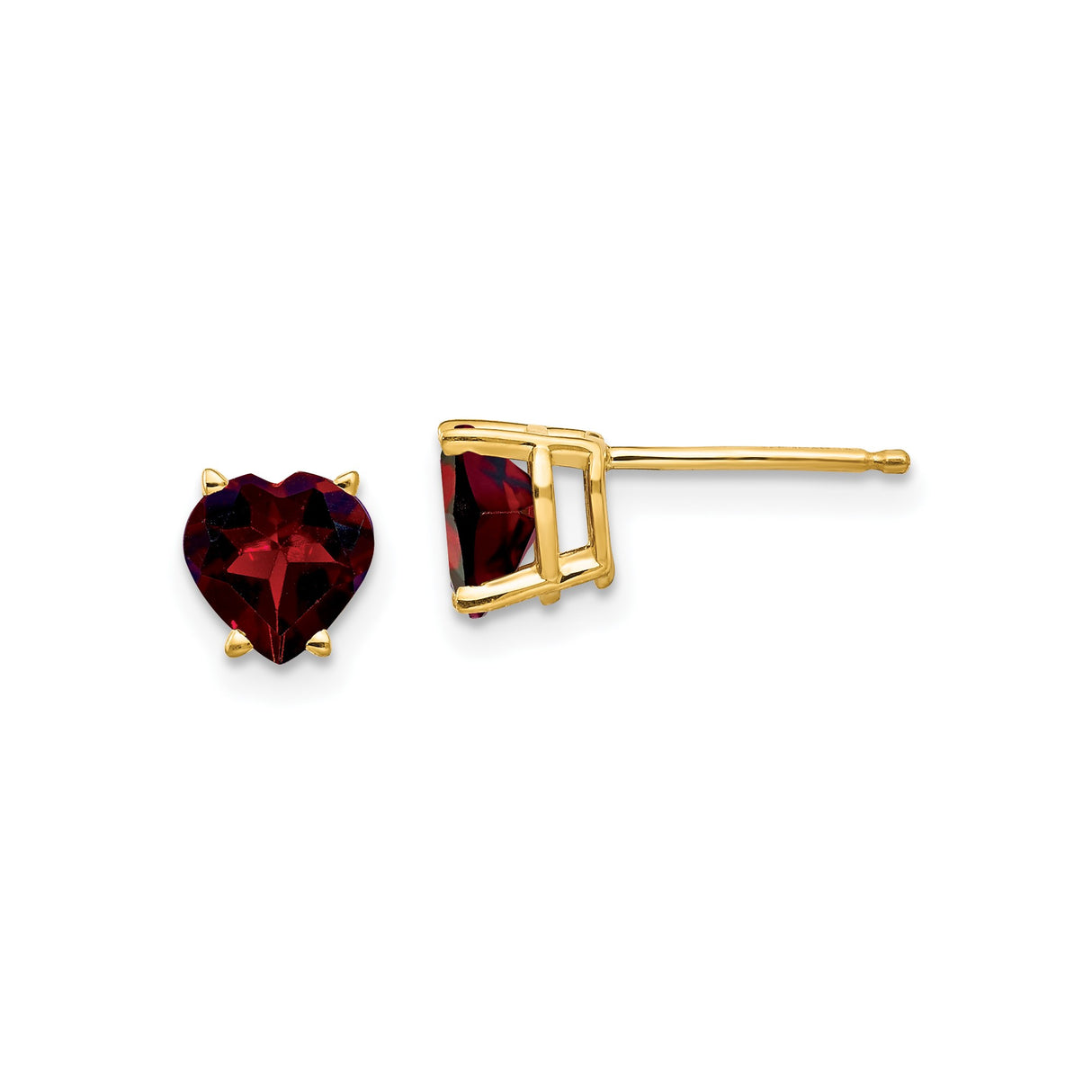 14k Yellow Gold Heart Stud Earrings with Garnet Gemstones for Women