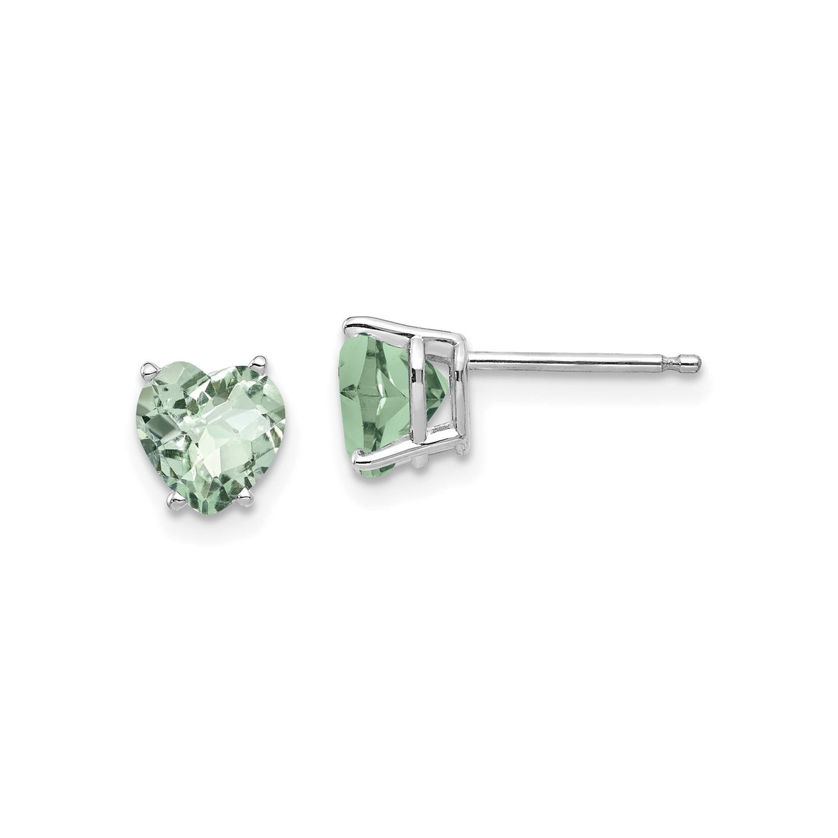14k White Gold Heart Stud Earrings with Green Quartz, Minimalist Romantic Jewelry for Women