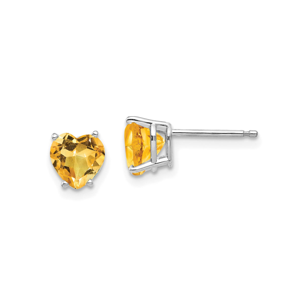 14k White Gold Heart Shaped Citrine Stud Earrings, Romantic Gemstone Design for Women