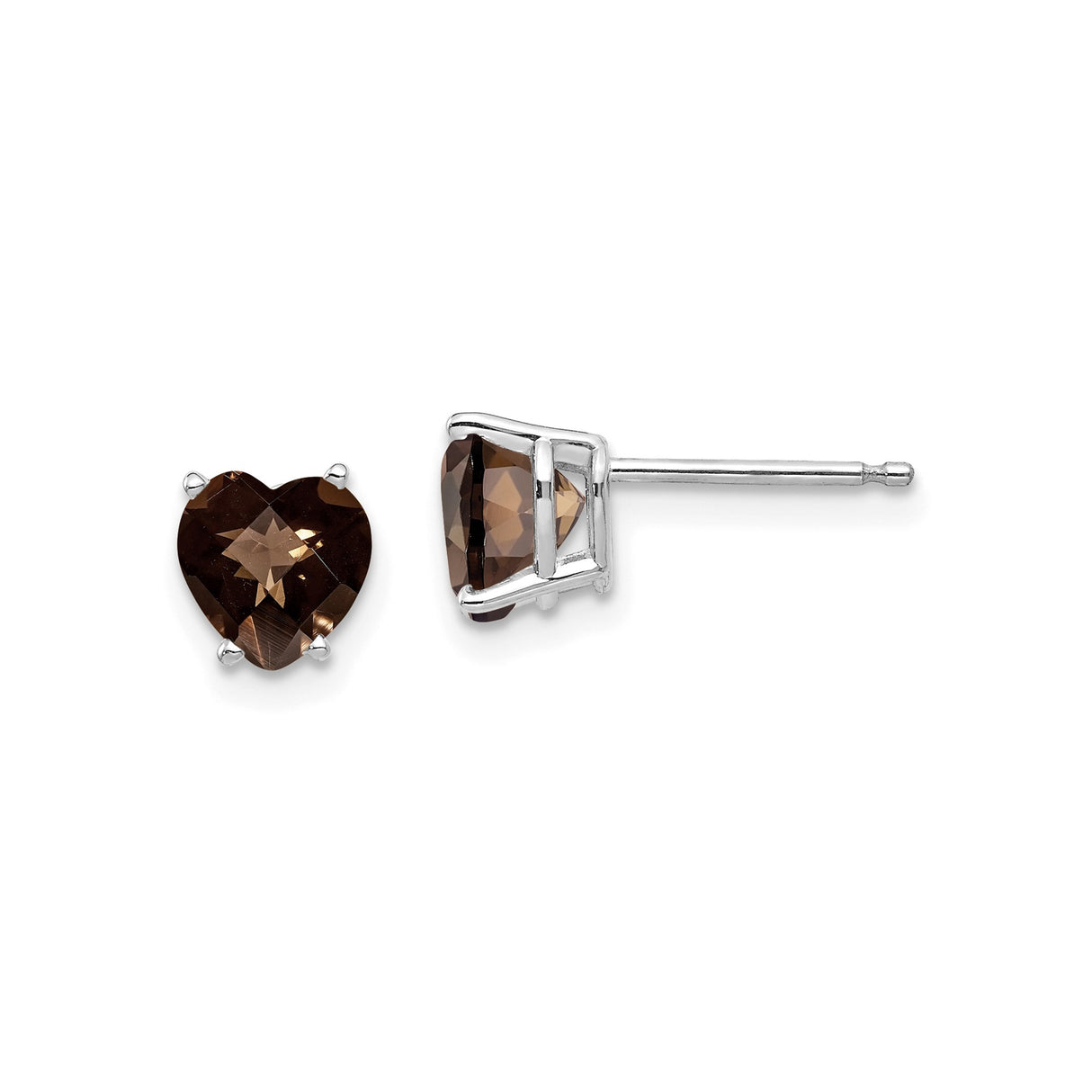 14k White Gold Heart Stud Earrings with Smoky Quartz, Checker Cut Romantic Style