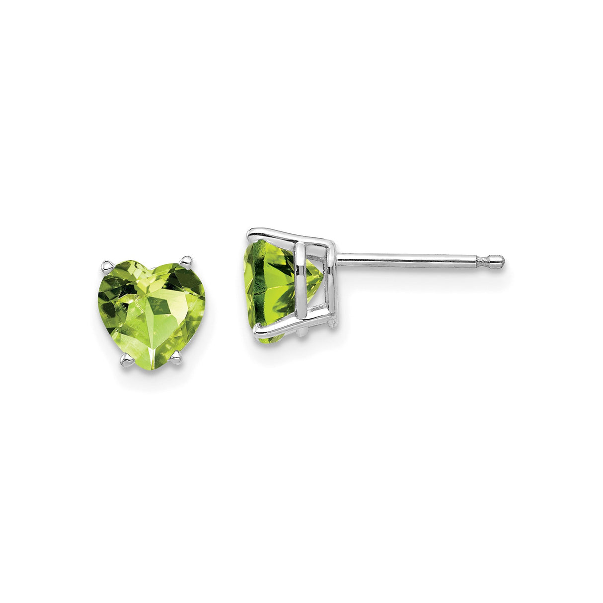 14k White Gold Heart Stud Earrings with Peridot Gemstones, August Birthstone Jewelry