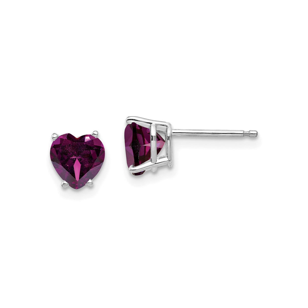 14k White Gold Heart Stud Earrings with Rhodolite Garnet, Romantic Minimalist Jewelry for Women