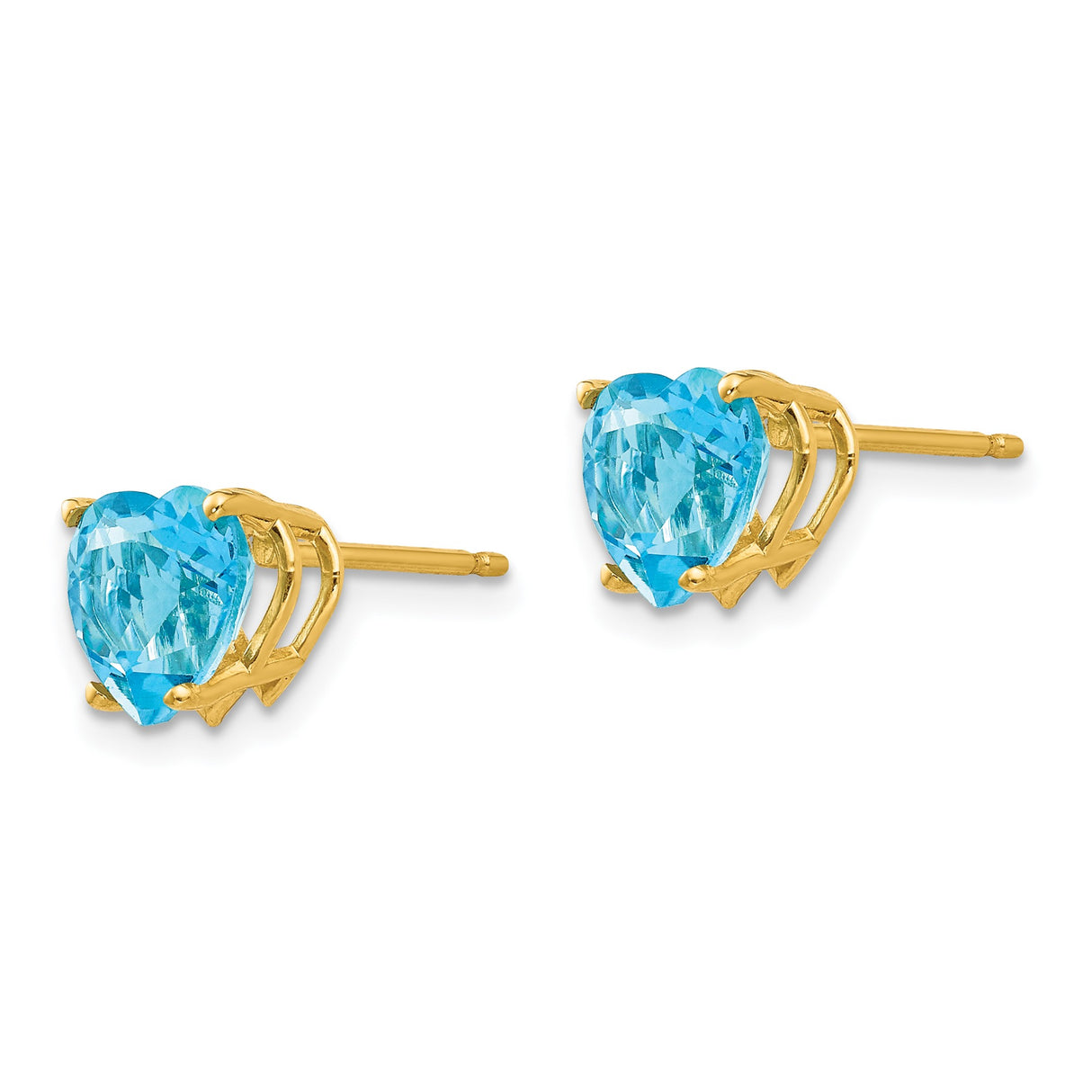 14k Yellow Gold Heart Stud Earrings with Swiss Blue Topaz, Romantic Design for Women