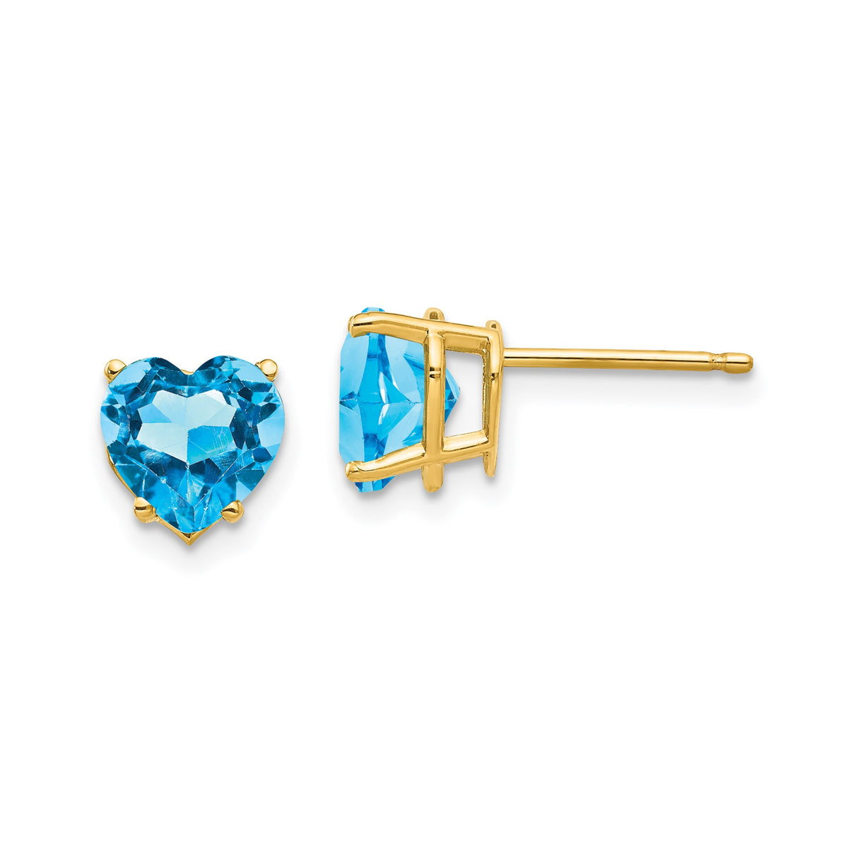 14k Yellow Gold Heart Stud Earrings with Swiss Blue Topaz, Romantic Design for Women