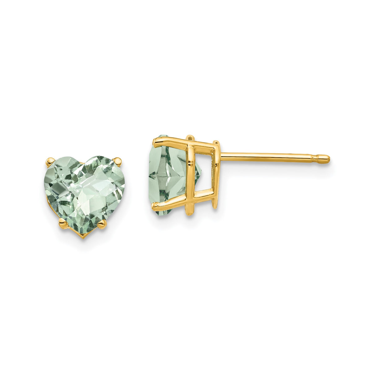 14k Yellow Gold Heart Stud Earrings with Light Green Quartz Gemstones for Women