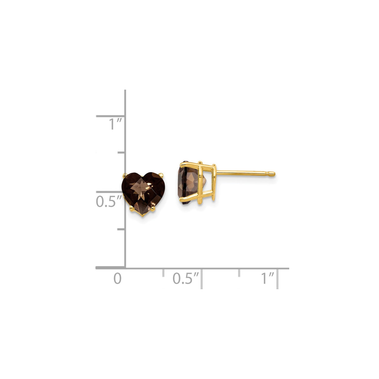 14k Yellow Gold Heart Stud Earrings with Faceted Smoky Quartz Gemstones
