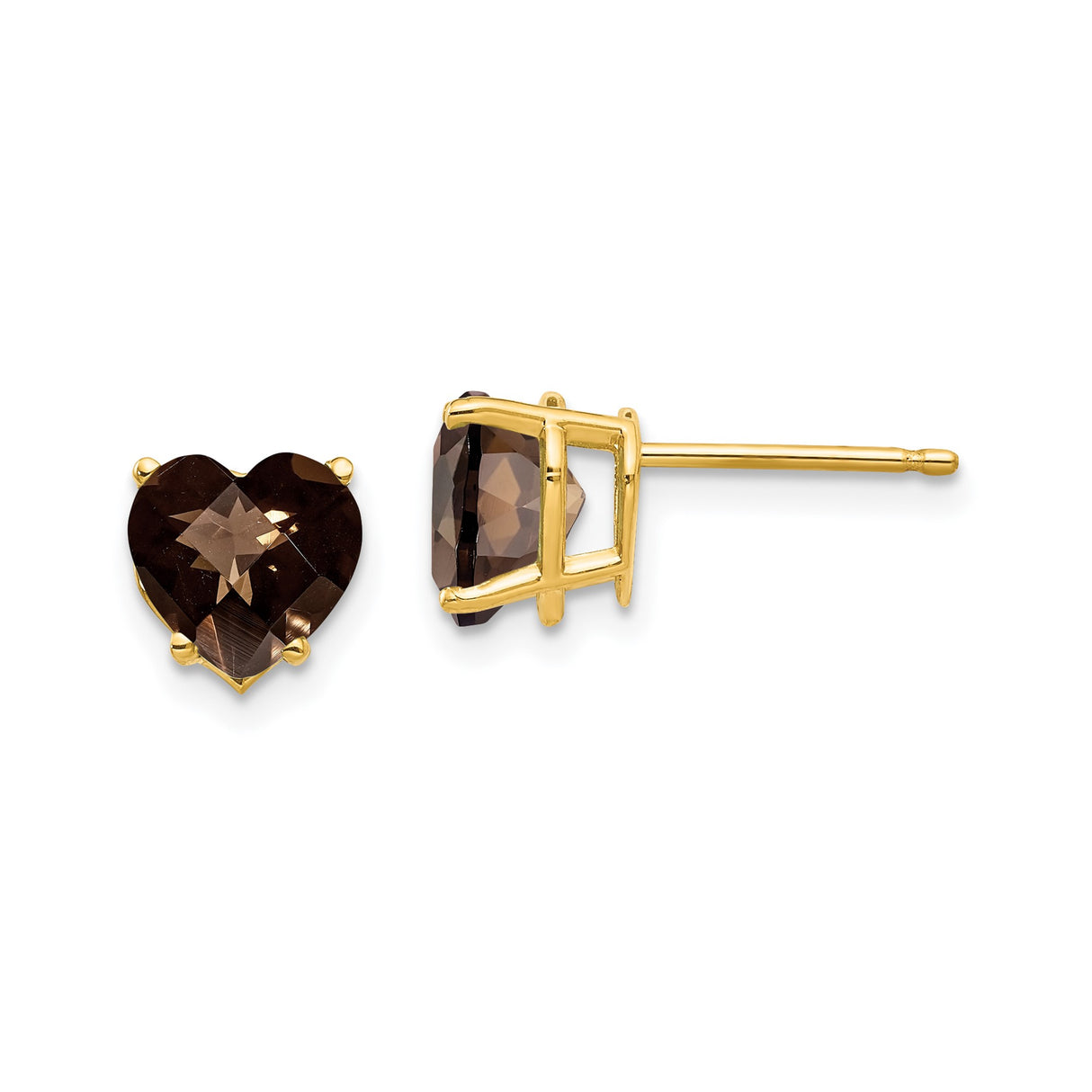 14k Yellow Gold Heart Stud Earrings with Faceted Smoky Quartz Gemstones