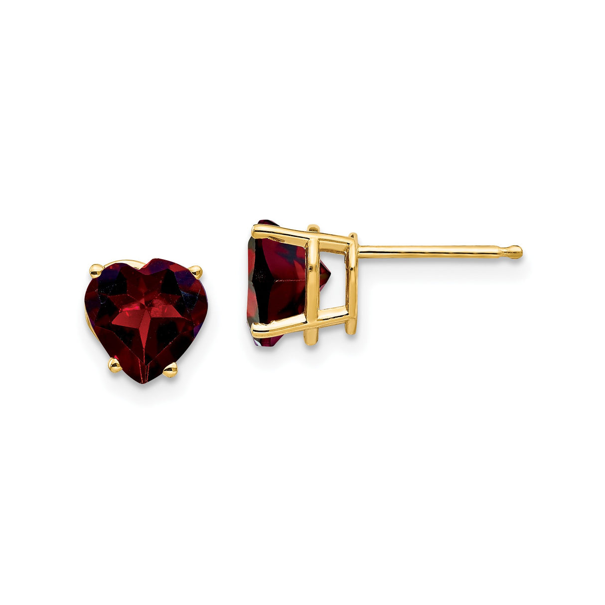 14k Yellow Gold Heart Stud Earrings with Garnet Gemstones for Women