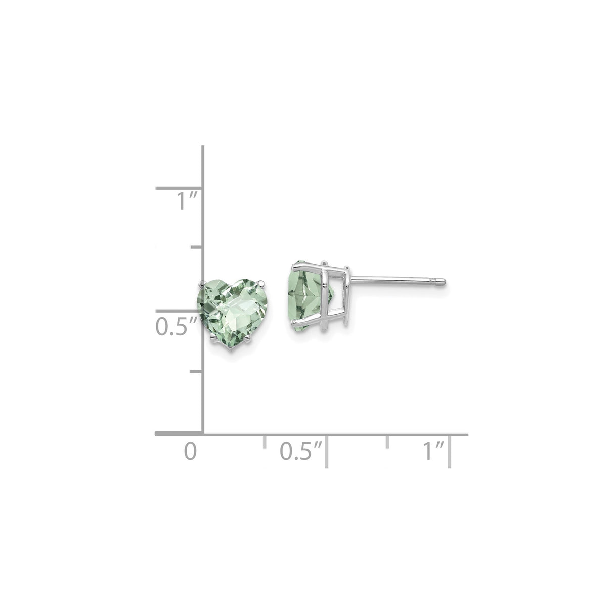 14k White Gold Heart Stud Earrings with Faceted Light Green Quartz, Romantic Jewelry for Women