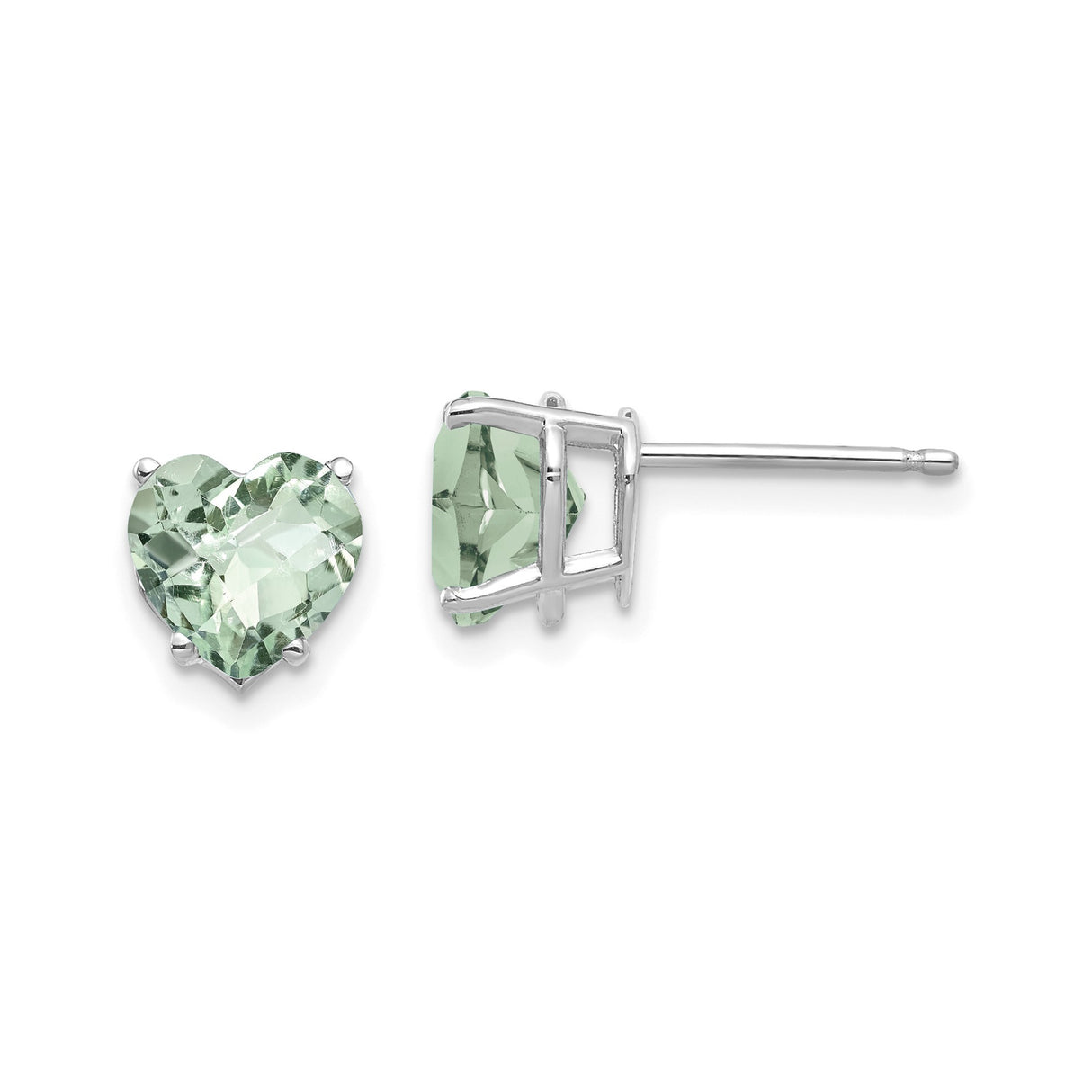 14k White Gold Heart Stud Earrings with Faceted Light Green Quartz, Romantic Jewelry for Women